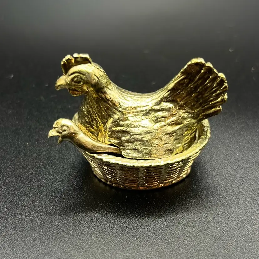 Miniature Metal Hen On Nest Salt Cellar With Chick Spoon Taiwan