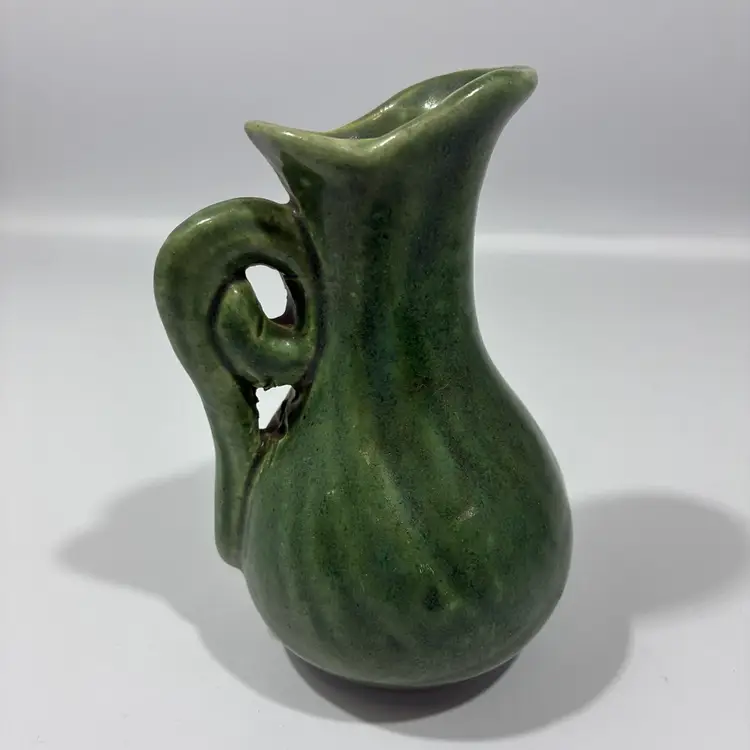 Vintage Antique? Miniature Ceramic Pitcher Ewer Bud Vase Matte Avocado Green Unmarked