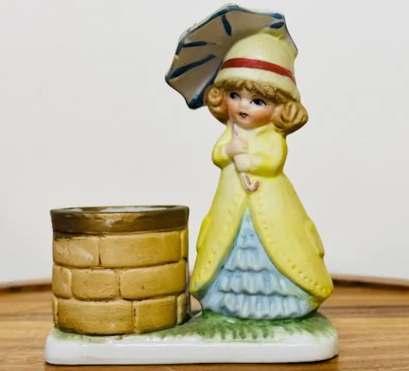 #01 - VTG Little Luvkins Yellow Dress Woman with Parasol Candle Holder 5" T X 4" W