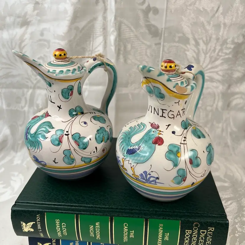 Vintage Italian Pottery, Oil And Vinegar, Cruz Rooster DERUTA ORVIETO Both Oil And Vinegar Cruets Are Chipped And Repaired