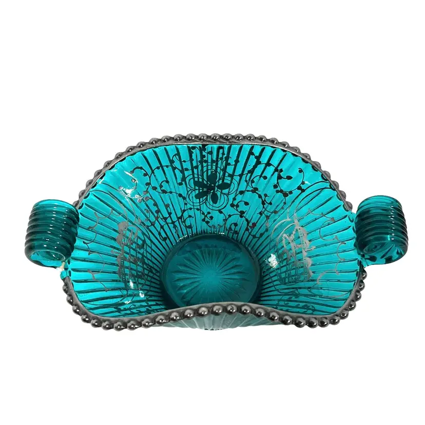 Vintage Turquoise Glass Silver Inlay Fanned Handled Candy Nut Dish 
