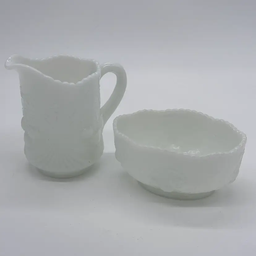 Dugan Glass Co Wreathed Cherry White Antique Opalescent Creamer And Open Sugar