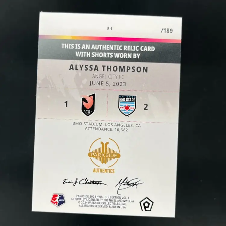Alyssa Thompson 2024 Parkside NWSL Relic /189 Soccer Card