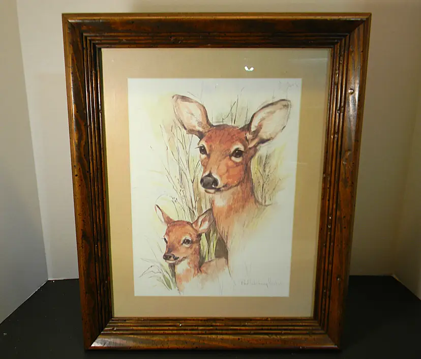 Deer & Fawn or "Watchful Eyes" Drawing by Paul Whitney Hunter and signed
