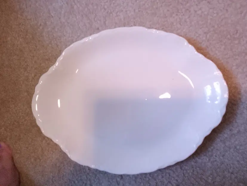 13" USA stamped scalloped white platter. READ