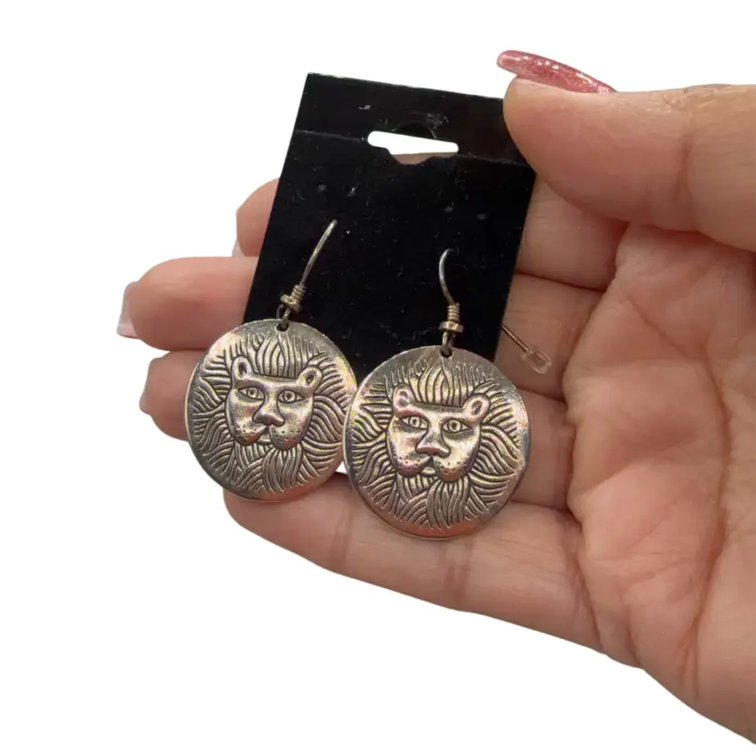 Signed Laurel Burch Silver Tone Lion Face Dangle Earrings