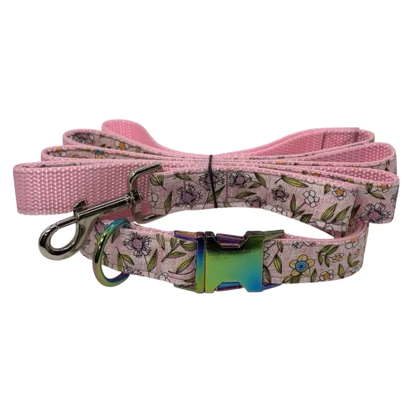 Dog Collar & Leash Pink Floral Print  Large Handmade Heavy Duty NEW