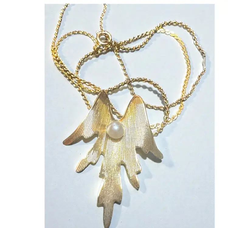 Gold Tone Abstract Modernist Angel Necklace 16”