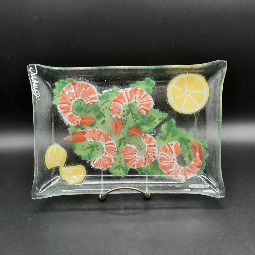 Fused Glass Shrimp & Lemons Rectangle Tray Signed Duru