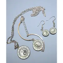 Yin & Yang Silver Tone Necklace Bracelet Earring Set
