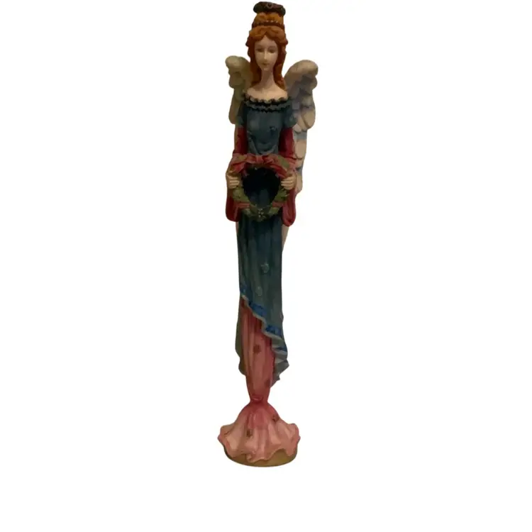 22. Gorgeous 12.5” Tall Angel Figurine Wearing Blue Dress And Holding A Beautiful Wreath