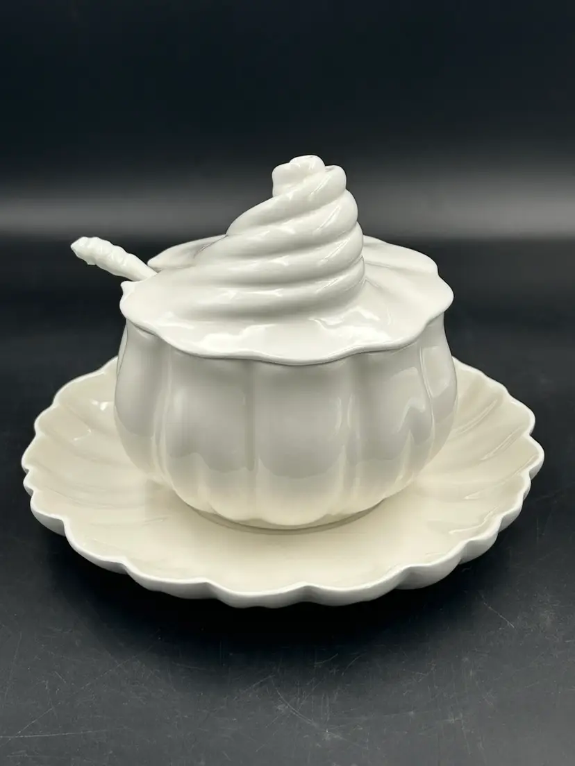 Vintage Italian Porcelain Shell Design Small Soup/sauce Tureen With Under plate & Spoon