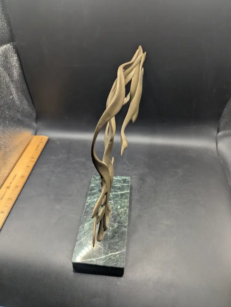 Vintage MCM Bijan Style Matte Brass Diving Bird With Fish Artwork On Marble Base