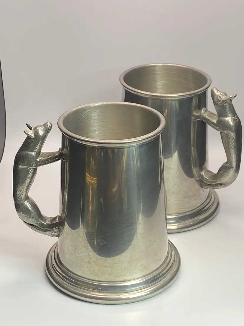 2 Vintage Sheffield Pewter Fox Handle Steins, Made in England, 5" Tall