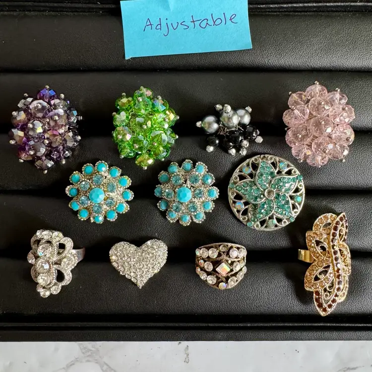 Lot of 11 Adjustable Blingy Rings - Gold & Silver Tone, Rhinestones, Aurora Borealis,  Beaded