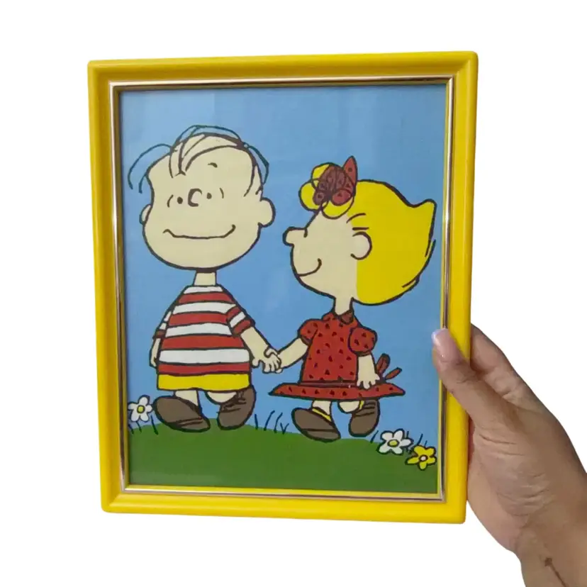 Vintage Linus & Sally Painting with Yellow Plastic Frame Glass