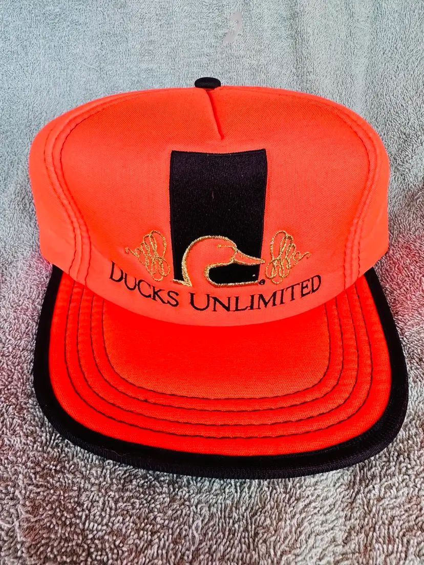 NOS Vintage Ducks Unlimited Snap Back Foam Hat Neon Orange Embroidered Truckers Hat/Cap