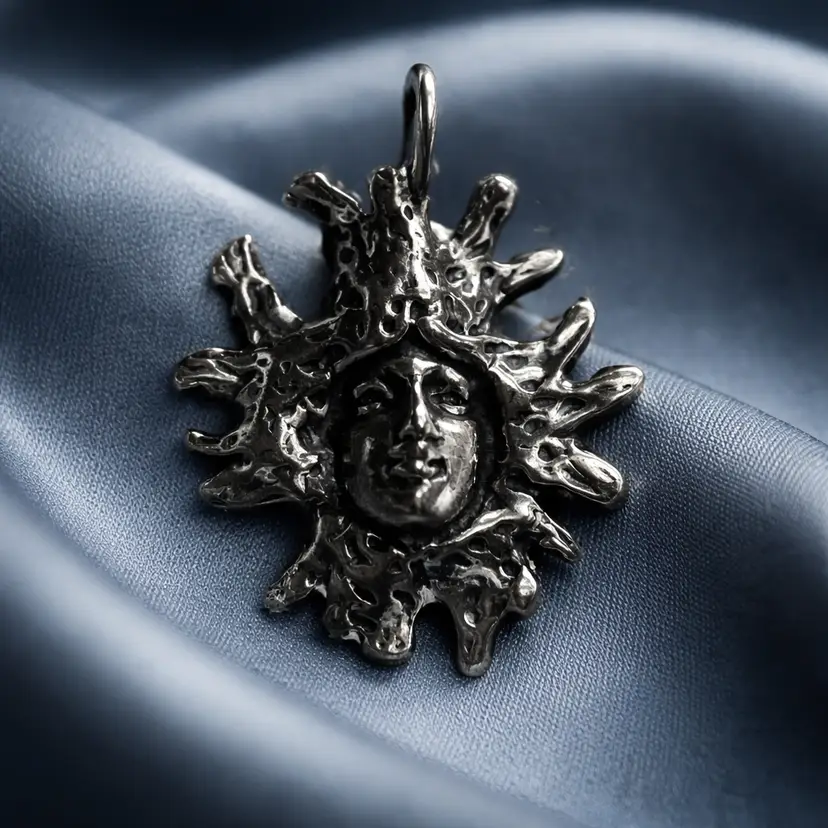 Sterling Silver Sun Face Design Pendant, 1.5"