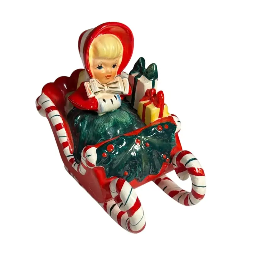 1957 Geo. Lefton Signed With Original Sticker “Little Shopper Girl In Sleigh” 5” X 4”