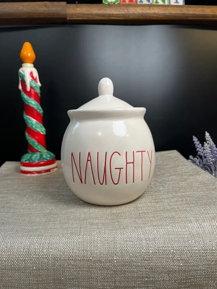 Great White Elephant Gift! Rae Dunn- Red Paint Stating "NAUGHTY"-For the Mischievous Person! Jar w/ Lid