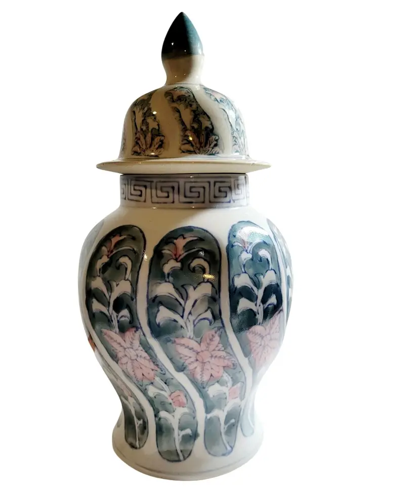 Vintage Chinoiserie Temple Jar White, Blue with Pink Lotus Flowers Porcelain Lidded