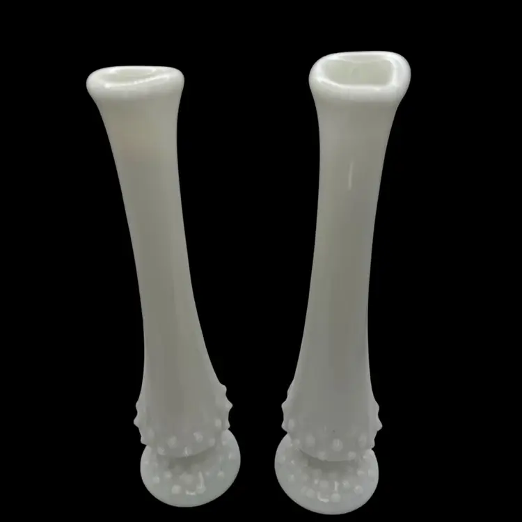 Pair Of Swung Milk Glass Hobnail Bud Vases 8 1/2”H