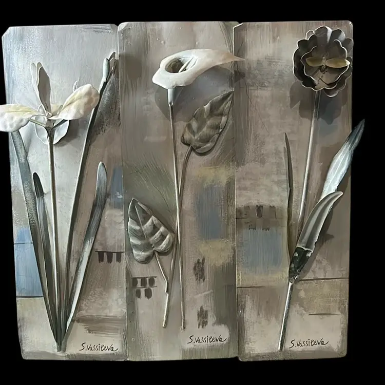 Metal 3-D Floral Wall Plaques - Set Of Three - Signed By The Artist Silvia Vassileva: 4”x 12”x 2” Each