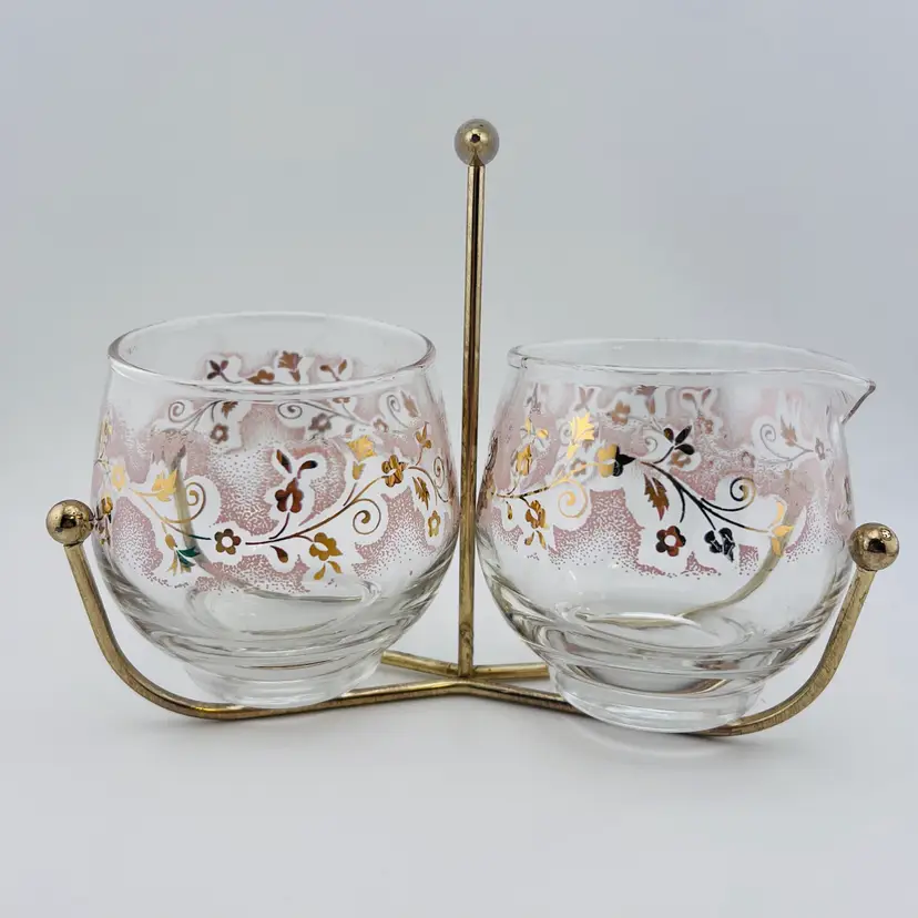 Pretty Vintage Libbey Duchess Pattern Glass Open Sugar And Creamer Set With Caddy READ