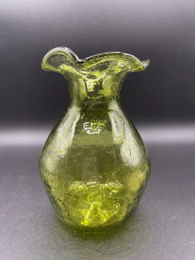 Vintage Hand Blown Green Crackle Glass Vase