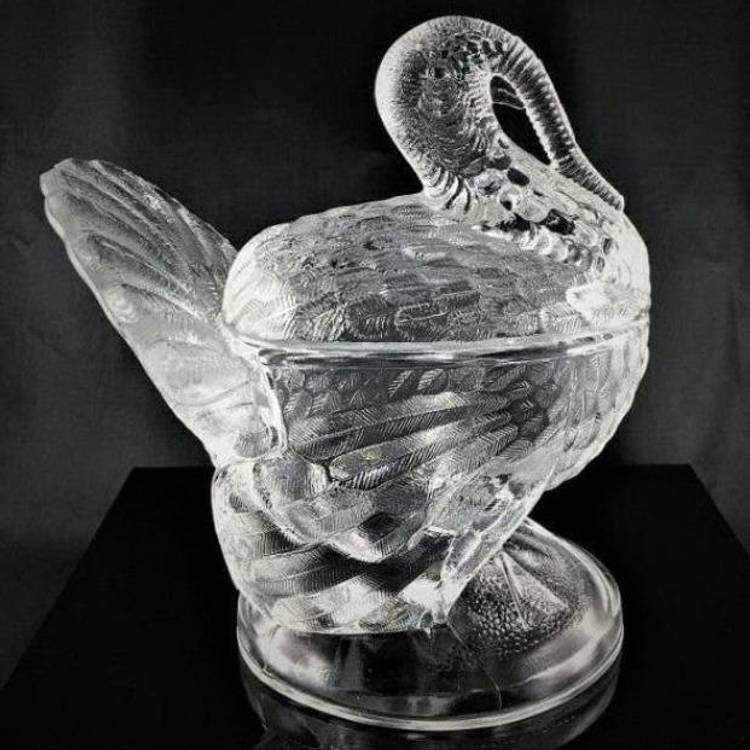 Vintage Turkey Dish LE Smith Clear Glass Lidded Candy Relish Thanksgiving