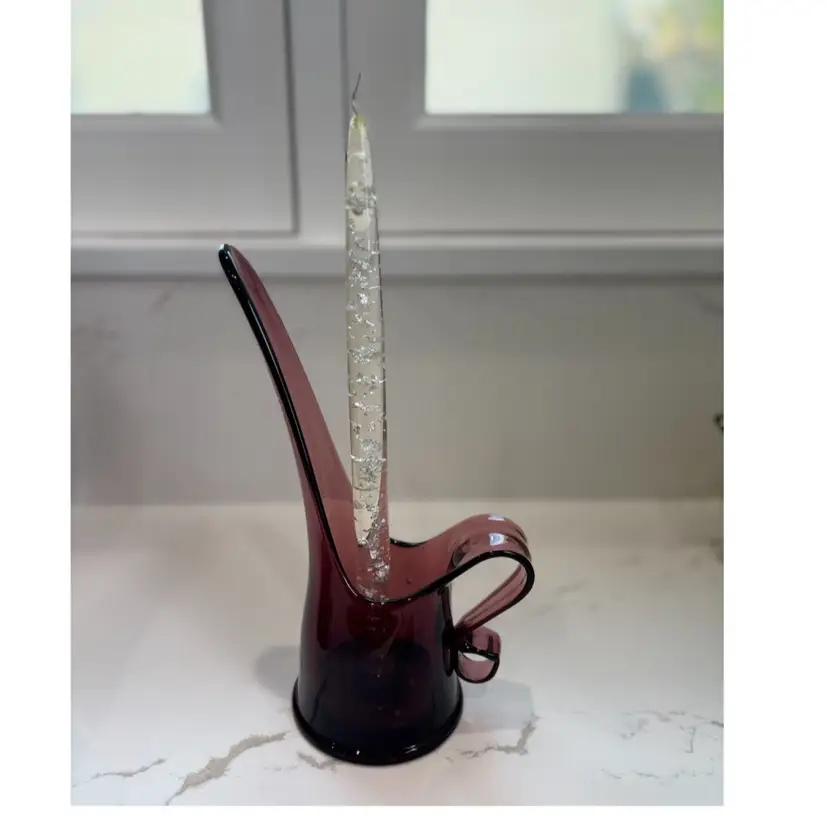 #2: Vintage MCM LE Smith Amethyst Taper Candle Holder With Clear Lucite Candle - 10” Tall