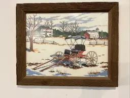 Handmade Completed Cross Stitch “SNOWY SURREY” ~ Rustic Wood Frame ~ Beautiful