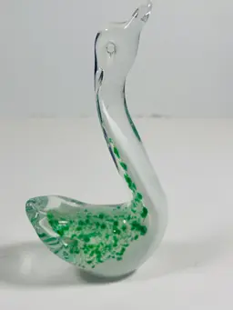 Art Glass Swan Figurine Long Neck Paperweight Green White Swirl 6.5" Goose Bird