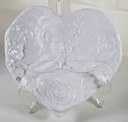 Vintage Heart Shaped Cupid Plate Italy White Porcelain 8.5" Valentines Day