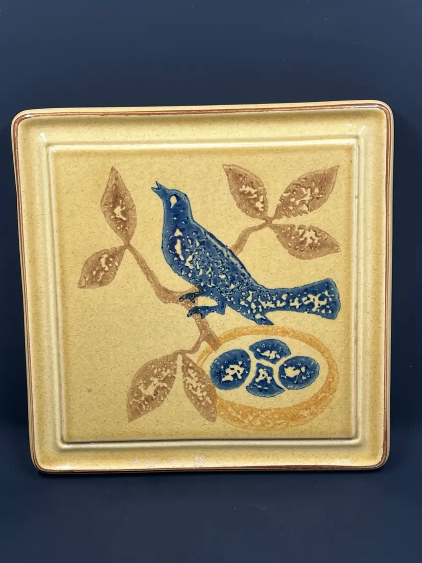 Vintage Pfaltzgraff Stoneware Trivet With Blue Bird On Nest 7.75 inches