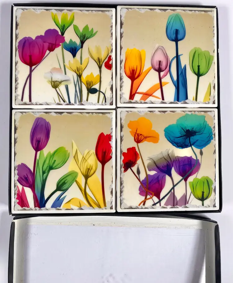 *NIB* Set of 4 Floral Tulips Theme Ceramic Coasters w/Cork Backing 4"x4"