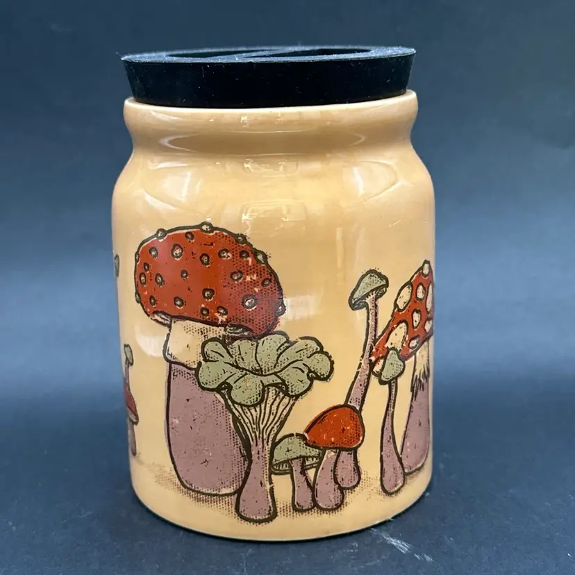 Retro Hippie Mushroom Stash Jar air tight ceramic jar with rubber top.