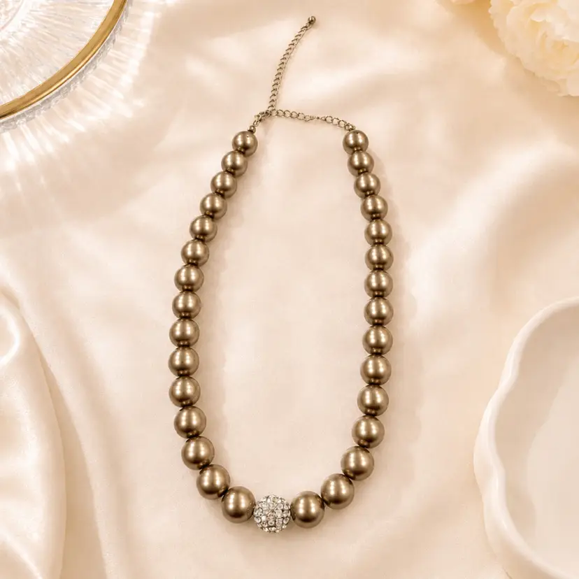 Champagne Simulated Pearl Beautiful Crystal Accent Necklace 16-20 Inch Adjustable Gift