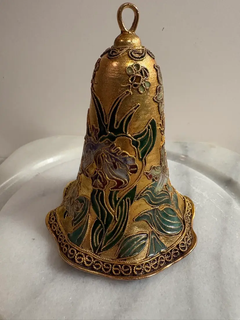 Vintage Brass And Enamel Cloisonne Bell Floral Design