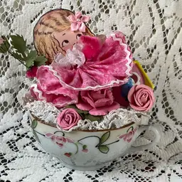 009 Spring Time Assemblage Vintage Pink Enamel Teacup Base Dolly Dingle Paper Doll Birdhouse 5" X 6"