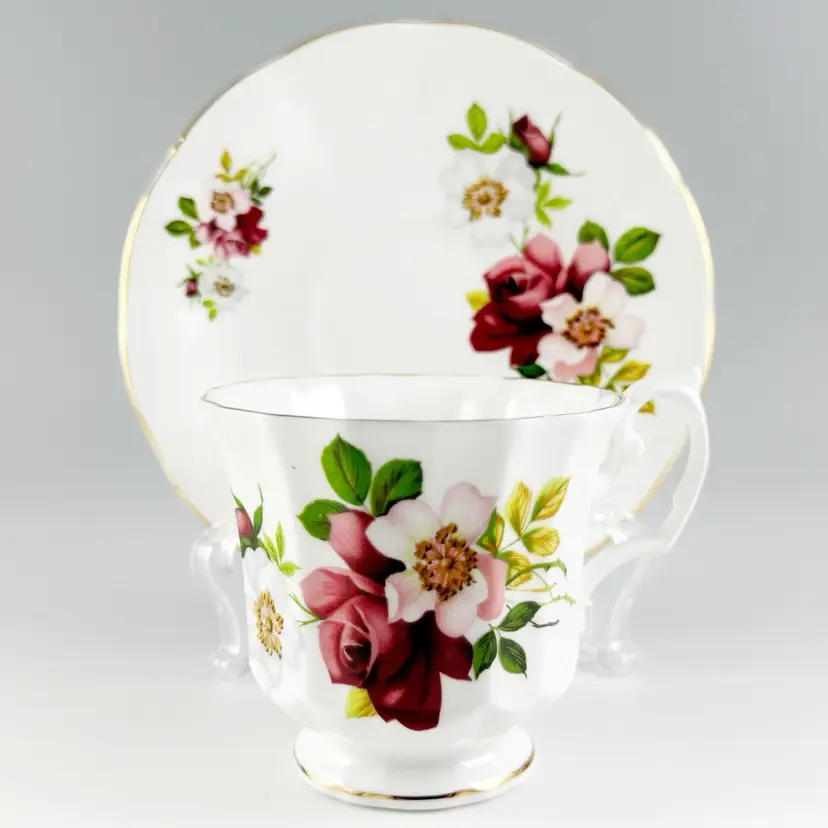 Clare Bone China Tea Cup & Saucer Set, Pink Roses and Anemone Flowers, Vintage Made in England
