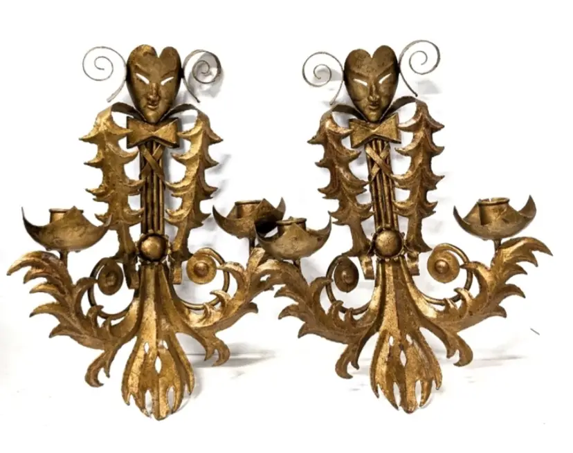 Pair of Vintage Gilt "Tôle Peinte" Venice Carnival-Themed Wall Sconces, France | 19.5 inches Tall each