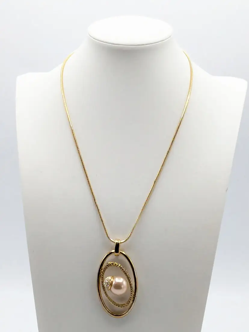 Gold Tone Faux Pearl Rhinestone Pendant Necklace NOS