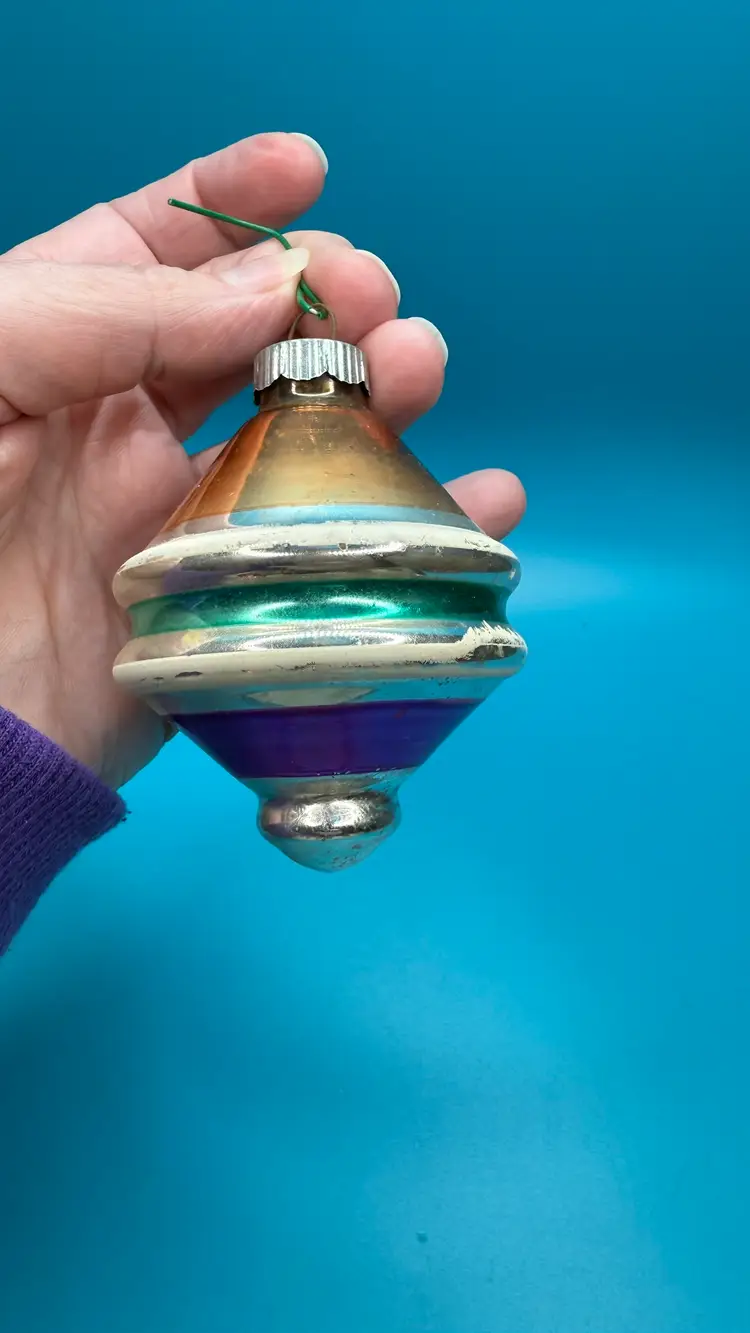 VTG Shiny Brite Glass UFO Christmas Ornament Painted Striped Gold Pink Blue