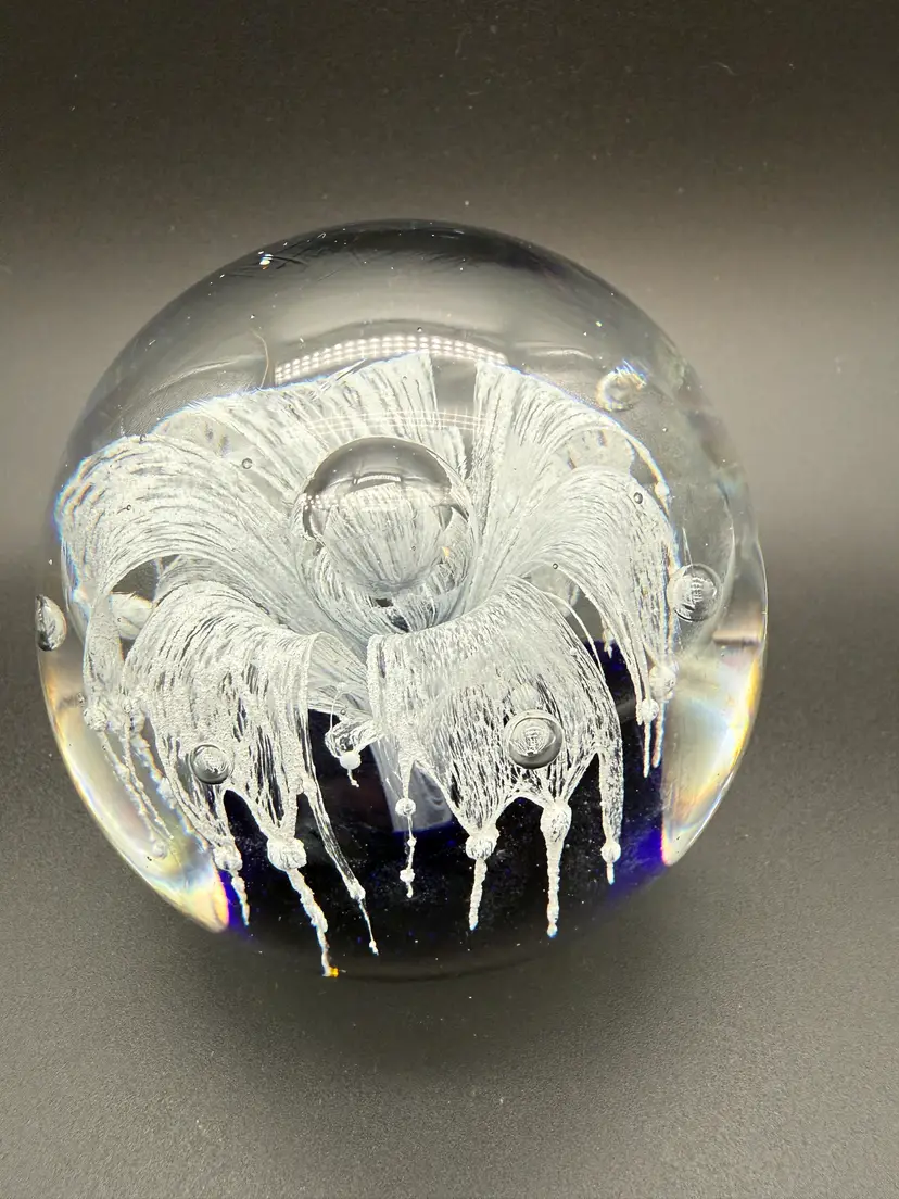 Art Glass Paperweight with Abstract White droopy flower