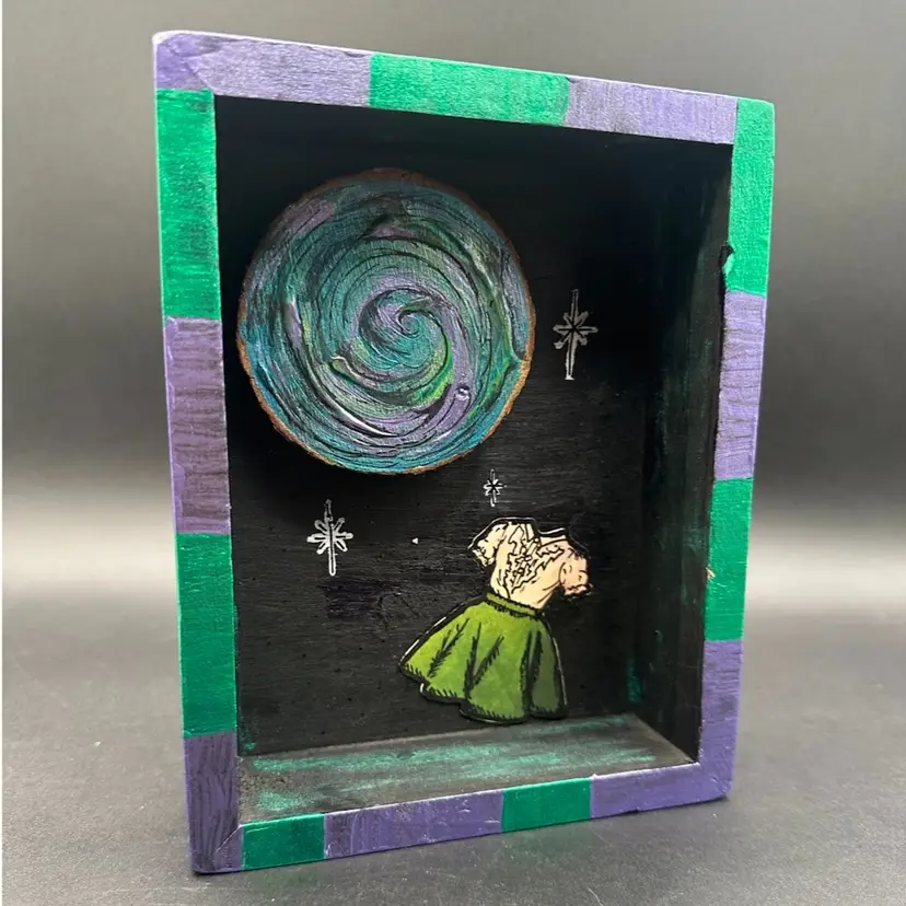 01# “Boo Moon” Assemblage Halloween Decor 7.5”T 5.75”W Made By Me Signed Amanda Montague