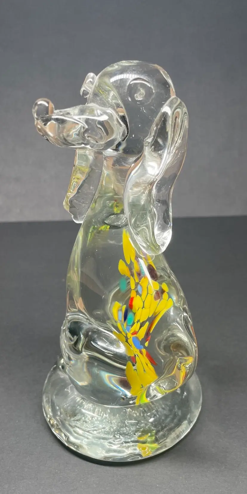 Clear Hand Blown Art Glass Dog Yellow Red Blue Swirl Figurine Paperweight 7"