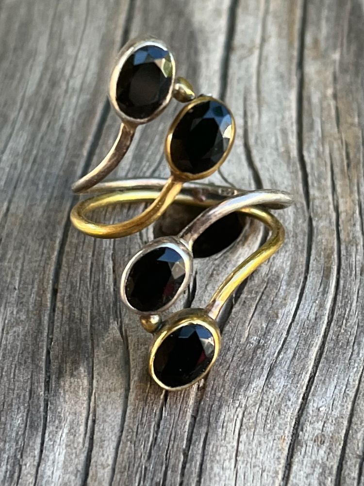 Black Obsidian Brass and Silver Adjustable Ring Size 8-9 Vintage