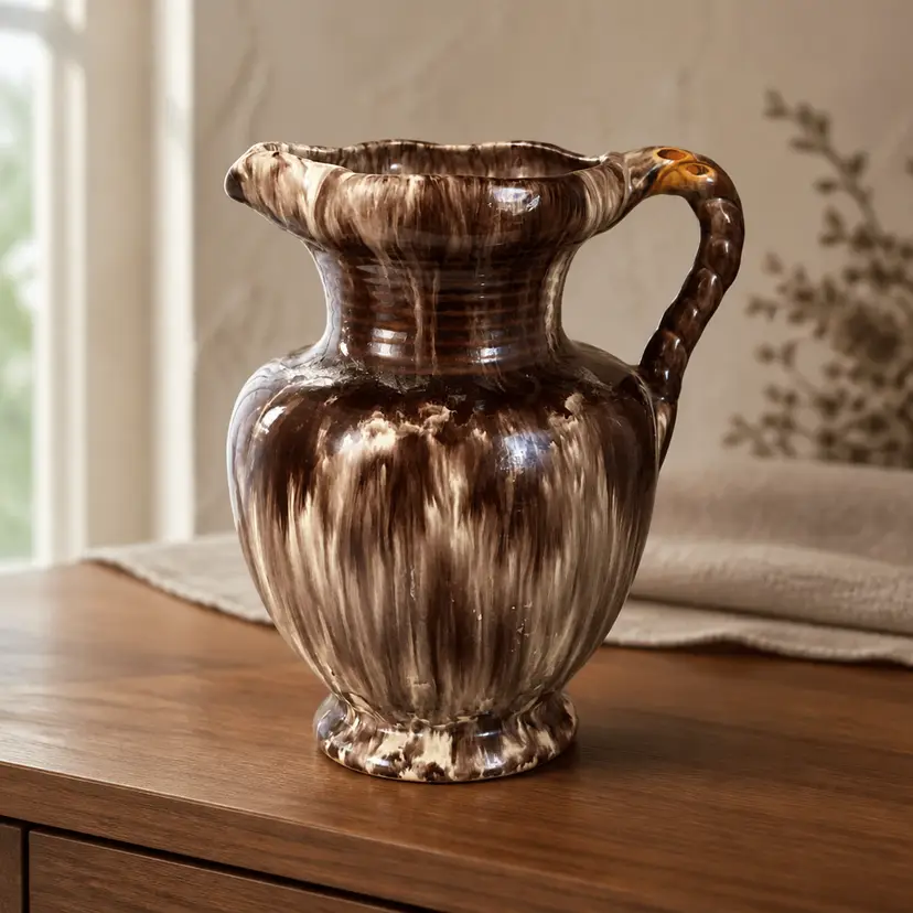 Jasba Keramik West Germany Pitcher w/ Brown, Cream & Orange Drip Glaze & Rope Effect Handle, 7.5"