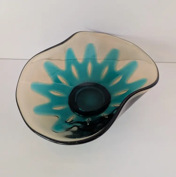 Fostoria Hawaiian Peacock Blue Glass Bowl Curved Sides HTF Vintage